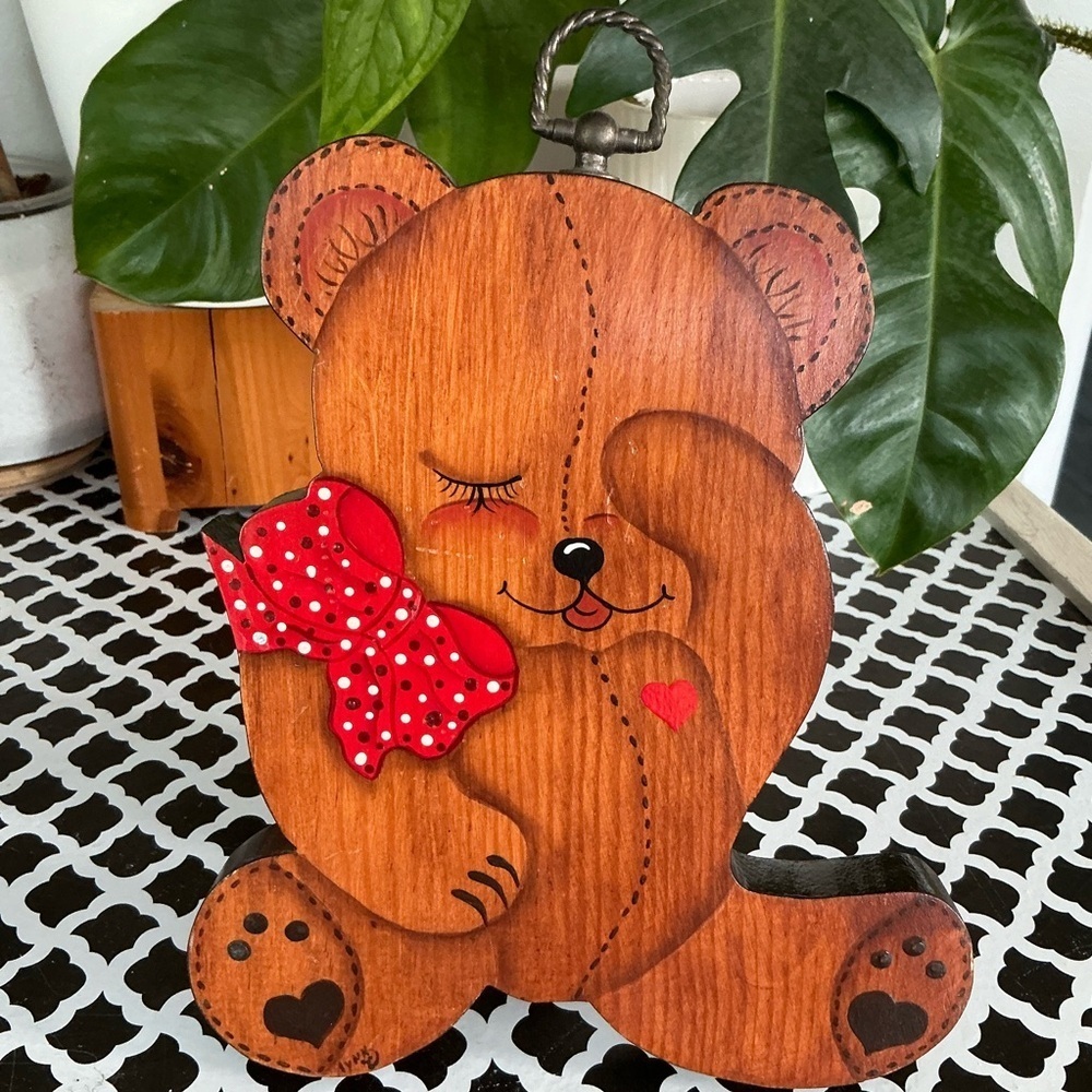 Vintage Wooden BearHome Wall Hanging  Decor with Red Bow